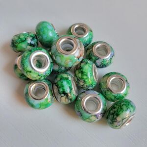 NWT! For Pandora 16 Green And Silver Watercolor Large Hole European Charm Beads